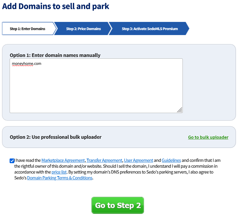 sedo add domain step2